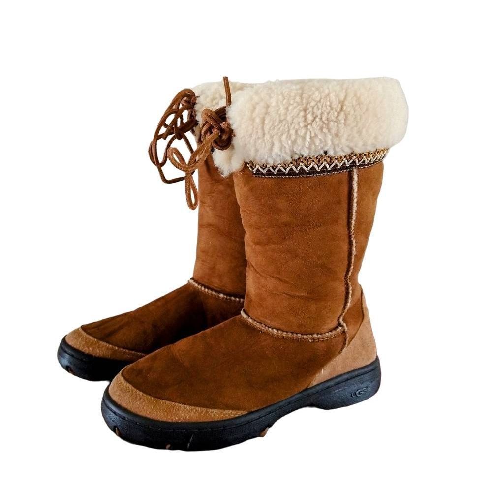 Ugg Embroidered Two Toned Leather Winter Boots Women's Size 7 - Picture 2 of 11